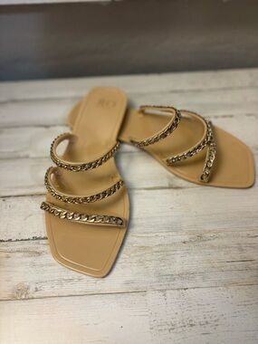 Jennifer Lopez Nude Slide Sandals with Gold Chain Straps